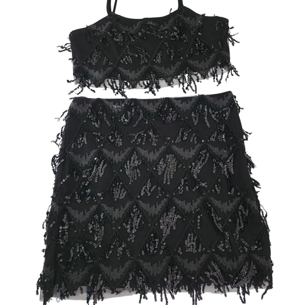 Sincerely Jules Black Sequin and Tassel Crop Top and Mini Skirt Set Size Small